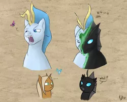 Size: 2000x1600 | Tagged: safe, artist:keilink, derpibooru import, oc, oc:doppel, unofficial characters only, butterfly, changeling, pony, unicorn, changeling oc, disguise, disguised changeling, sneezing, snot, transformation