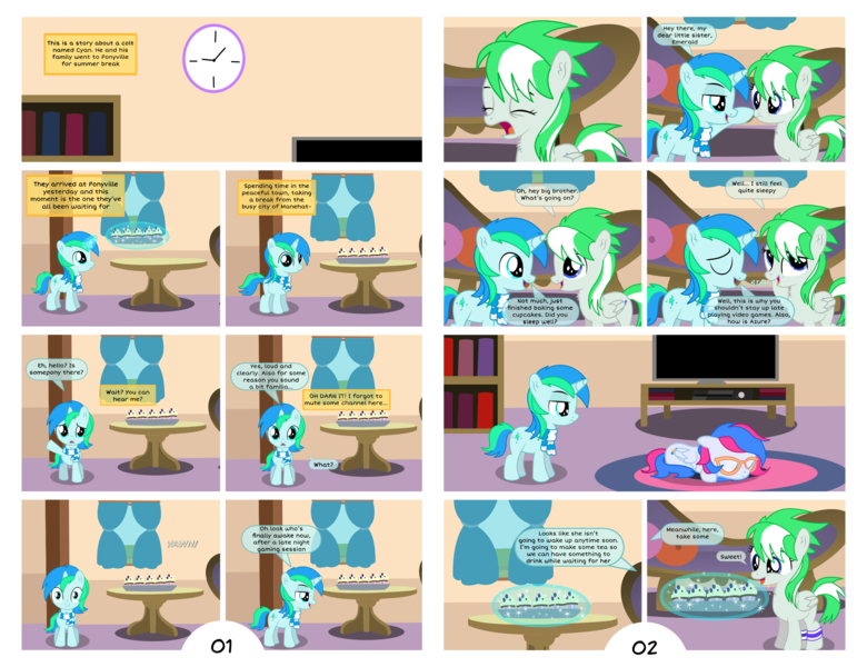 Size: 2730x2101 | Tagged: safe, artist:cyanlightning, derpibooru import, oc, oc:azure lightning, oc:cyan lightning, oc:emerald lightning, unofficial characters only, pegasus, pony, unicorn, comic:summer colors, comic:summer colors: the starting point, book, bookshelf, boop, brother and sister, carpet, clock, clothes, colt, comic, cupcake, female, filly, food, glasses, high res, levitation, lidded eyes, magic, male, scarf, sleeping, speech bubble, table, telekinesis, television, vector, window, yawn