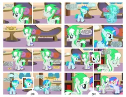 Size: 2730x2101 | Tagged: safe, artist:cyanlightning, derpibooru import, oc, oc:azure lightning, oc:cyan lightning, oc:emerald lightning, unofficial characters only, pegasus, pony, unicorn, comic:summer colors, comic:summer colors: the starting point, book, bookshelf, boop, brother and sister, carpet, clothes, colt, comic, cup, cupcake, female, filly, food, glasses, high res, levitation, magic, male, scarf, sleeping, speech bubble, table, tea, teacup, teapot, telekinesis, television, vector, window, yawn
