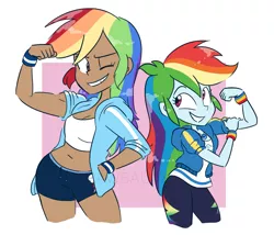 Size: 1319x1131 | Tagged: safe, artist:drawbauchery, derpibooru import, rainbow dash, human, equestria girls, equestria girls series, armband, belly button, board shorts, clothes, dark skin, duality, female, hoodie, human paradox, humanized, midriff, multicolored hair, muscles, one eye closed, role reversal, self paradox, shirt, shorts, simple background, smiling, sweater, tanktop, wink