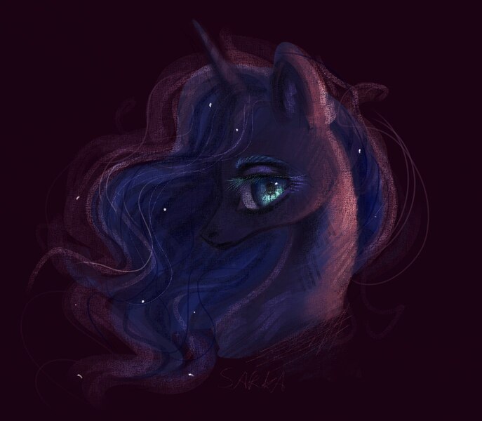 Size: 1582x1382 | Tagged: safe, artist:sarkarozka, derpibooru import, princess luna, alicorn, pony, bust, ethereal mane, female, horn, lidded eyes, looking at you, mare, missing accessory, portrait, profile, simple background, solo, starry mane