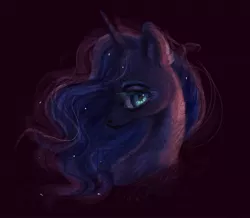 Size: 1582x1382 | Tagged: safe, artist:sarkarozka, derpibooru import, princess luna, alicorn, pony, bust, ethereal mane, female, horn, lidded eyes, looking at you, mare, missing accessory, portrait, profile, simple background, solo, starry mane