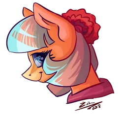 Size: 965x924 | Tagged: safe, artist:tu-kierownik, derpibooru import, coco pommel, earth pony, pony, bust, clothes, female, flower, flower in hair, looking at you, mare, profile, scarf, simple background, smiling, solo, transparent background