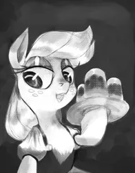 Size: 3300x4200 | Tagged: safe, artist:talonsofwater, derpibooru import, applejack, earth pony, pony, clothes, female, freckles, mare, monochrome, oktoberfest, sketch, smiling, solo, tray, waitress