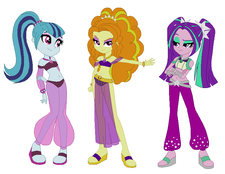 Size: 760x589 | Tagged: suggestive, artist:haleyc4629, artist:selenaede, derpibooru import, adagio dazzle, aria blaze, sonata dusk, equestria girls, bandeau, belly button, belly dancer, belly dancer outfit, eyeshadow, harem outfit, harem pants, loincloth, makeup, midriff, saddle arabian outfit, sandals, shoulderless, simple background, sleeveless, the dazzlings, white background