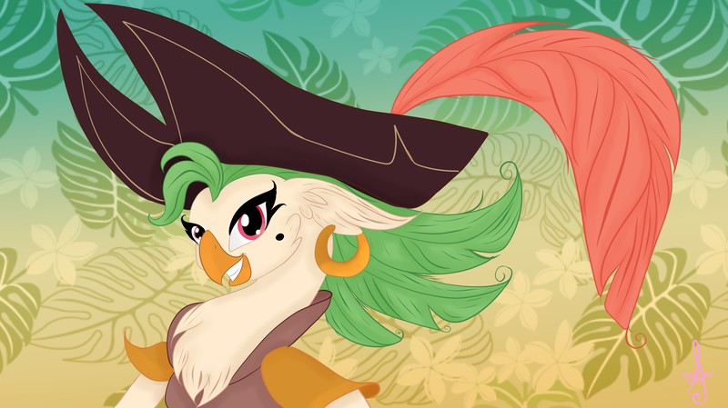 Size: 4156x2333 | Tagged: anthro, artist:silversthreads, beauty mark, captain celaeno, clothes, derpibooru import, ear piercing, earring, female, hat, jewelry, my little pony: the movie, parrot, piercing, pirate hat, safe, solo, source needed