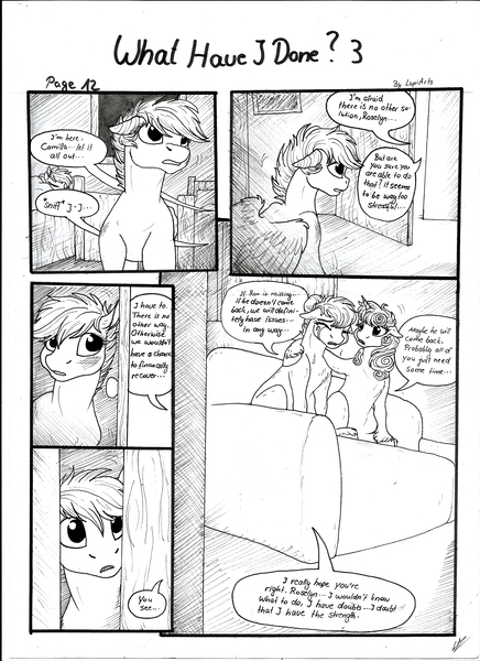 Size: 2550x3506 | Tagged: artist:lupiarts, black and white, comic, comic:what have i done, crying, daughter, derpibooru import, female, grayscale, monochrome, mother, oc, oc:camilla curtain, oc:chess, oc:roselyn bloom, sad, safe, speech bubble, traditional art, unofficial characters only