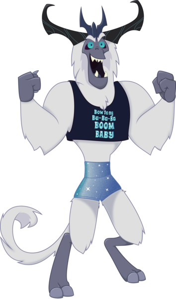 Size: 4000x6788 | Tagged: safe, artist:tentapone, artist:tentavamp, derpibooru import, storm king, yeti, my little pony: the movie, absurd resolution, antagonist, chest fluff, claws, clenched fist, clothes, crown, eyebrows, fangs, flexing, horns, image, jewelry, male, missing accessory, no armor, open mouth, png, raised arm, rave, regalia, shorts, simple background, smiling, solo, sparkles, tail, tanktop, tight clothing, transparent background, vector, workout, workout outfit, zumba