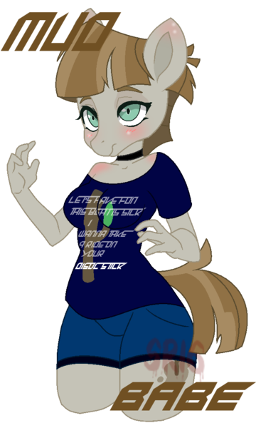 Size: 676x1126 | Tagged: anthro, artist:superrosey16, base used, clothes, derpibooru import, lady gaga, lovegame, misspelling, mudbramble, mudbriar, rule 63, safe, shirt, simple background, solo, song reference, the maud couple, transparent background