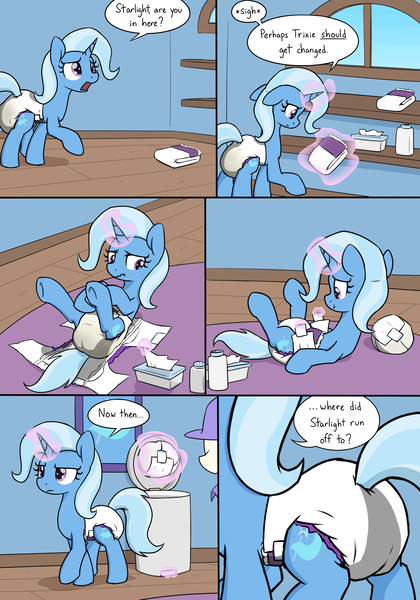 Size: 2100x3000 | Tagged: artist:skitter, comic, derpibooru import, diaper, diaper change, diaper fetish, diaper pail, diaper tf, fetish, foal powder, inanimate tf, messy diaper, poop, poopy diaper, questionable, scat, starlight glimmer, transformation, trixie, wipes