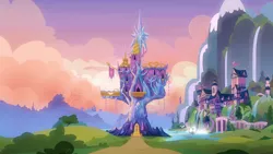 Size: 1920x1080 | Tagged: background, beautiful, bridge, bush, castle, derpibooru import, flag, houses, lake, morning, mostly cloudy, mountain, no pony, ponyville, safe, scenery, school of friendship, screencap, the maud couple, tree, twilight's castle, waterfall