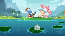 Size: 1920x1080 | Tagged: safe, derpibooru import, screencap, pokey pierce, swan song, pony, unicorn, the maud couple, boat, female, guitar, hat, lake, lilypad, male, mare, stallion, waterlily