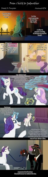 Size: 468x1703 | Tagged: safe, artist:anormaladn, derpibooru import, rarity, sweetie belle, oc, earth pony, pony, unicorn, comic:from child to godmother, closet, comic, magic, male, measuring tape, stallion, statue of liberty