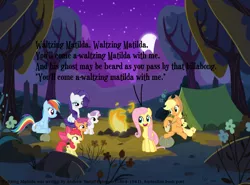 Size: 1024x758 | Tagged: apple bloom, applejack, artist:didgereethebrony, banjo, banjo patterson, campfire, comic, comic:waltzing matilda, derpibooru import, fluttershy, guitar, moon, musical instrument, rainbow dash, rarity, safe, scootaloo, singing, sweetie belle, tent, waltzing matilda