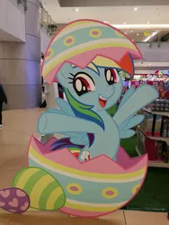 Size: 720x960 | Tagged: safe, derpibooru import, rainbow dash, pegasus, pony, cardboard cutout, cute, dashabetes, easter, egg, egghead, female, hatching, holiday, irl, mall, mare, philippines, photo, pun, solo, visual pun