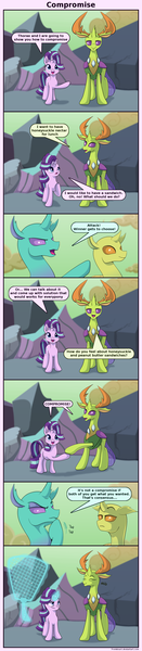 Size: 1116x5100 | Tagged: safe, artist:frenkieart, derpibooru import, starlight glimmer, thorax, changedling, changeling, pony, unicorn, celestial advice, comic, dialogue, female, flyswatter, glowing horn, king thorax, magic, male, mare, nodding