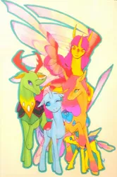 Size: 1024x1542 | Tagged: ambryn, artist:oneiria-fylakas, changedling, changedling oc, changeling, changeling king, changeling oc, derpibooru import, king thorax, oc, ocellus, oc:himi, oc:pilupi, oc:tina, offspring, parent:oc:tina, parents:canon x oc, parent:thorax, safe, spread wings, thorax, traditional art, wings