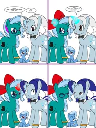 Size: 1204x1604 | Tagged: safe, artist:dekomaru, derpibooru import, trixie, oc, oc:hazel lulamoon, oc:iniduoh, pony, unicorn, tumblr:ask twixie, age regression, ask, baby, baby pony, bow, comic, female, glasses, hair bow, magic, male, mare, stallion, tumblr