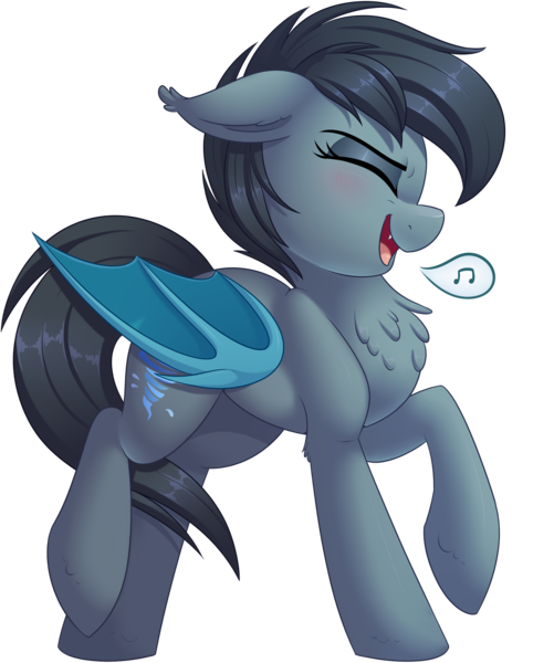 Size: 1989x2380 | Tagged: safe, artist:thegamblehorse, deleted from derpibooru, derpibooru import, oc, oc:seachell, unofficial characters only, bat pony, pony, bat pony oc, blushing, chest fluff, colored wings, cute, cute little fangs, dancing, ear fluff, eyes closed, fangs, female, floppy ears, fluffy, mare, music notes, ocbetes, open mouth, raised hoof, raised leg, simple background, singing, solo, speech bubble, transparent background