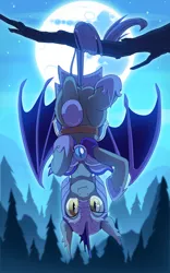Size: 2500x4000 | Tagged: safe, artist:jedayskayvoker, artist:redchetgreen, derpibooru import, bat pony, pony, armor, collaboration, female, forest, guard, hanging, helmet, looking at you, mare, mare in the moon, moon, night, night guard, solo, suspended, tail hold, tree, tree branch, upside down
