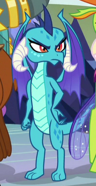 Size: 198x383 | Tagged: changedling, changeling, cropped, derpibooru import, displeased, dragon, dragoness, female, hand on hip, king thorax, prince rutherford, princess ember, safe, school daze, screencap, solo focus, thorax, yak