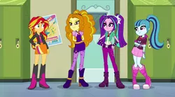 Size: 1280x714 | Tagged: safe, derpibooru import, screencap, adagio dazzle, aria blaze, sonata dusk, sunset shimmer, equestria girls, rainbow rocks, clothes, female, gem, quartet, siren gem, skirt, the dazzlings