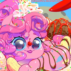 Size: 3000x3000 | Tagged: artist:itsalwayspony, banana, cherry, chocolate syrup, cute, derpibooru import, diapinkes, food, ice cream, ice cream sundae, pinkie pie, safe, sundae, whipped cream