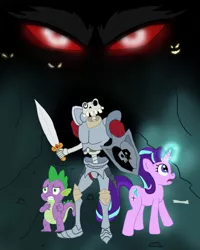 Size: 3987x4992 | Tagged: artist:edcom02, crossover, derpibooru import, fanfic, fanfic art, fanfic cover, grogar, medievil, safe, sir daniel fortesque, spike, starlight glimmer