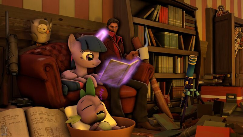 Size: 1191x670 | Tagged: safe, derpibooru import, owlowiscious, spike, twilight sparkle, twilight sparkle (alicorn), alicorn, dragon, human, owl, pony, 3d, book, bookshelf, couch, crossover, female, glowing horn, gun, hooves, horn, levitation, lying down, magic, mare, mundle mundy, open mouth, optical sight, rifle, sleeping, sniper, sniper rifle, source filmmaker, team fortress 2, telekinesis, telescope, weapon, wings