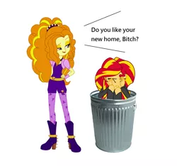 Size: 1516x1416 | Tagged: safe, derpibooru import, adagio dazzle, sunset shimmer, equestria girls, abuse, dialogue, downvote bait, sad, shimmerbuse, simple background, sunset shimmer's trash can, trash can, vulgar, white background