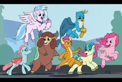 Size: 900x610 | Tagged: safe, artist:animatorwil, derpibooru import, gallus, ocellus, pinkie pie, sandbar, silverstream, smolder, yona, changedling, changeling, classical hippogriff, dragon, gryphon, hippogriff, yak, school daze, cloven hooves, dragoness, female, flying, male, mare, student six, teenager