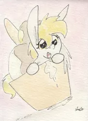 Size: 692x948 | Tagged: safe, artist:slightlyshade, derpibooru import, derpy hooves, pegasus, pony, chocolate, cute, derpabetes, female, food, ice cream, looking at you, mare, open mouth, ponies in food, solo, traditional art, watercolor painting