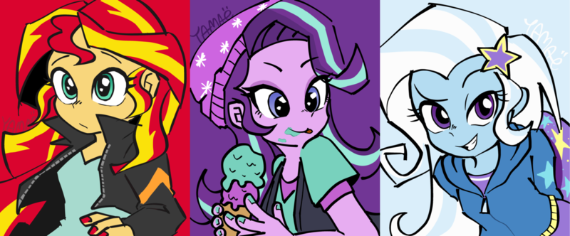 Size: 1280x531 | Tagged: safe, artist:y-a-m-a-y-o, derpibooru import, starlight glimmer, sunset shimmer, trixie, equestria girls, mirror magic, spoiler:eqg specials, cute, diatrixes, female, food, glimmerbetes, grin, ice cream, ice cream cone, shimmerbetes, smiling, that human sure does love ice cream, tongue out