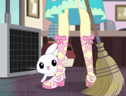 Size: 800x609 | Tagged: safe, derpibooru import, screencap, angel bunny, fluttershy, equestria girls, equestria girls series, so much more to me, angelbetes, animated, broom, cropped, cute, feet, gif, legs, loop, sandals, solo, toes