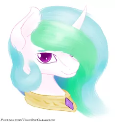 Size: 900x961 | Tagged: alicorn, artist:thatonechangeling, artist:thatonegib, bust, derpibooru import, doodle, ethereal mane, looking at you, missing accessory, patreon link, portrait, princess celestia, safe, simple background, solo, white background
