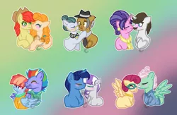 Size: 1024x668 | Tagged: safe, artist:adelemlp, derpibooru import, bow hothoof, bright mac, cloudy quartz, cookie crumbles, gentle breeze, hondo flanks, igneous rock pie, night light, pear butter, posey shy, twilight velvet, windy whistles, brightbutter, cookieflanks, dad six, female, husband and wife, kissing, male, married couple, mom six, nightvelvet, quartzrock, shipping, shys, straight, windyhoof