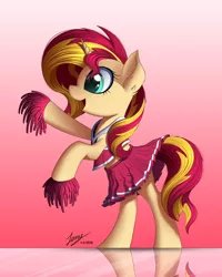 Size: 2000x2500 | Tagged: safe, alternate version, artist:duskie-06, derpibooru import, sunset shimmer, pony, unicorn, bipedal, cheerleader, cheerleader outfit, clothes, cute, female, gradient background, hoof hold, mare, midriff, open mouth, pom pom, rearing, reflection, shimmerbetes, signature, skirt, skirt lift, solo