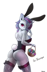 Size: 782x1200 | Tagged: suggestive, artist:oneofyouare, derpibooru import, oc, oc:aqua jewel, anthro, unicorn, breasts, bunny ears, bunny suit, bunny tail, clothes, ear piercing, easter, easter egg, female, fishnets, holiday, leotard, looking at you, looking back, piercing, simple background, solo, solo female, thong leotard, white background