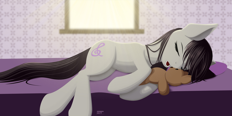 Size: 2400x1200 | Tagged: safe, artist:styroponyworks, derpibooru import, octavia melody, earth pony, pony, bed, belly button, drool, female, mare, sleeping, solo, teddy bear