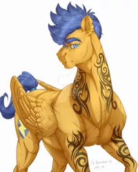 Size: 1024x1280 | Tagged: safe, artist:rossignolet, derpibooru import, flash sentry, pegasus, pony, cutie mark, ear piercing, earring, eye scar, eyebrows, flash hunktry, jewelry, lip piercing, looking at you, male, muscles, piercing, realistic, scar, solo, stallion, tail wrap, tattoo, torn ear, watermark