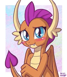 Size: 699x800 | Tagged: artist:uotapo, blushing, cute, derpibooru import, dragon, dragoness, fangs, female, looking at you, safe, school daze, season 8, simple background, smiling, smolder, smolderbetes, solo, uotapo is trying to murder us