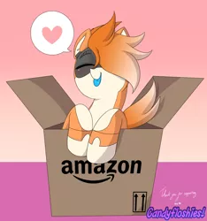 Size: 1786x1907 | Tagged: safe, artist:kei kun, derpibooru import, oc, oc:kiva, unofficial characters only, pony, robot, robot pony, :p, amazon box, amazon.com, cute, female, happy, heart, pictogram, silly, solo, tongue out