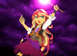 Size: 2064x1520 | Tagged: safe, artist:fantasygerard2000, derpibooru import, sunset shimmer, equestria girls, movie magic, spoiler:eqg specials, clothes, female, magic, open mouth, skirt, sunshim, wand