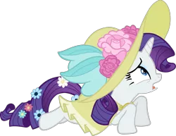 Size: 5306x4100 | Tagged: safe, artist:scrimpeh, derpibooru import, rarity, pony, unicorn, sweet and elite, absurd resolution, clothes, female, flower, flower in tail, full body, hat, mare, prone, simple background, solo, transparent background, vector