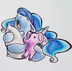 Size: 3024x2976 | Tagged: safe, artist:smirk, derpibooru import, princess luna, elephant, pony, colored pencil drawing, cute, female, filly, hug, lunabetes, pen, pillow, plushie, sleepy, solo, traditional art, woona, yawn, younger