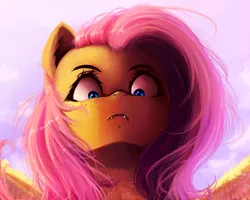Size: 2500x2000 | Tagged: dead source, safe, artist:miokomata, derpibooru import, fluttershy, bat pony, pegasus, pony, angry, cloud, fangs, female, freckles, frown, intimidating, looking at you, mare, solo, stare, this will end in pain