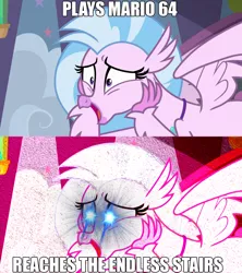 Size: 1280x1440 | Tagged: derpibooru import, edit, edited screencap, eye glow, eyestrain warning, image macro, meme, needs more saturation, reference, safe, school daze, screencap, silverstream, super mario 64, super mario bros., that hippogriff sure does love stairs