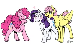 Size: 1749x1020 | Tagged: safe, artist:rwl, derpibooru import, fluttershy, pinkie pie, rarity, alternate hairstyle, blushing, female, flaripie, flarity, flutterpie, heart, laughing, lesbian, ot3, pinkie pie gets all the mares, polyamory, raripie, shipping, short mane