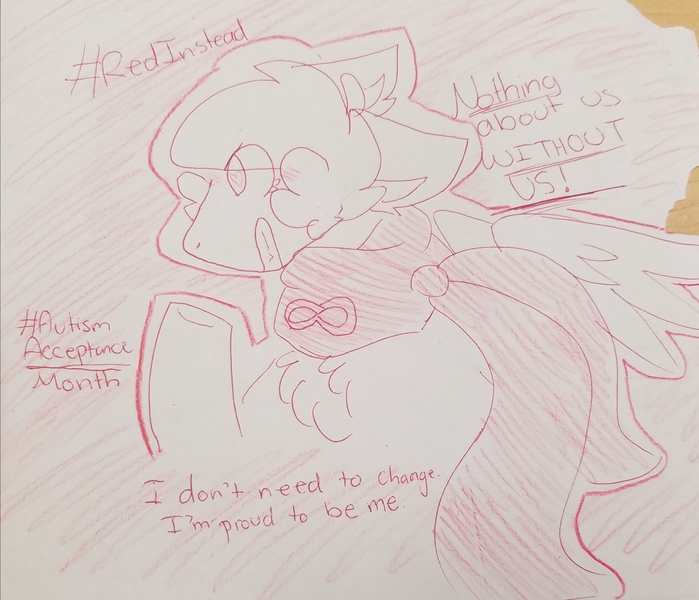 Size: 2766x2374 | Tagged: safe, artist:shoto, derpibooru import, ponified, pony, comic:flightcamp, autism, autism acceptance month, balloon (inanimate insanity), headcanon, inanimate insanity, monochrome, neurodivergent headcanon, positive ponies, red, redinstead, solo, traditional art