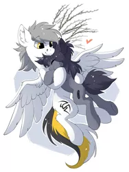 Size: 961x1280 | Tagged: safe, artist:hioshiru, derpibooru import, oc, oc:kate, oc:kej, unofficial characters only, pegasus, pony, unicorn, couple, eyes closed, female, heart, hug, k+k, male, pussy willow, smiling, spread wings, straight, wings